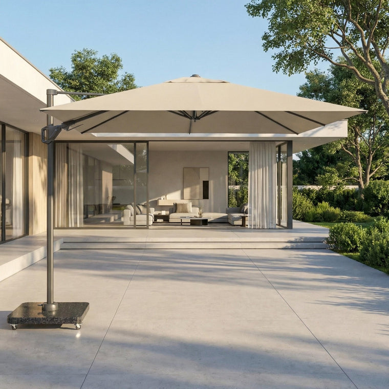 Voyager T2 2.7m Square Cantilever Parasol in Champagne with 90kg Granite Base