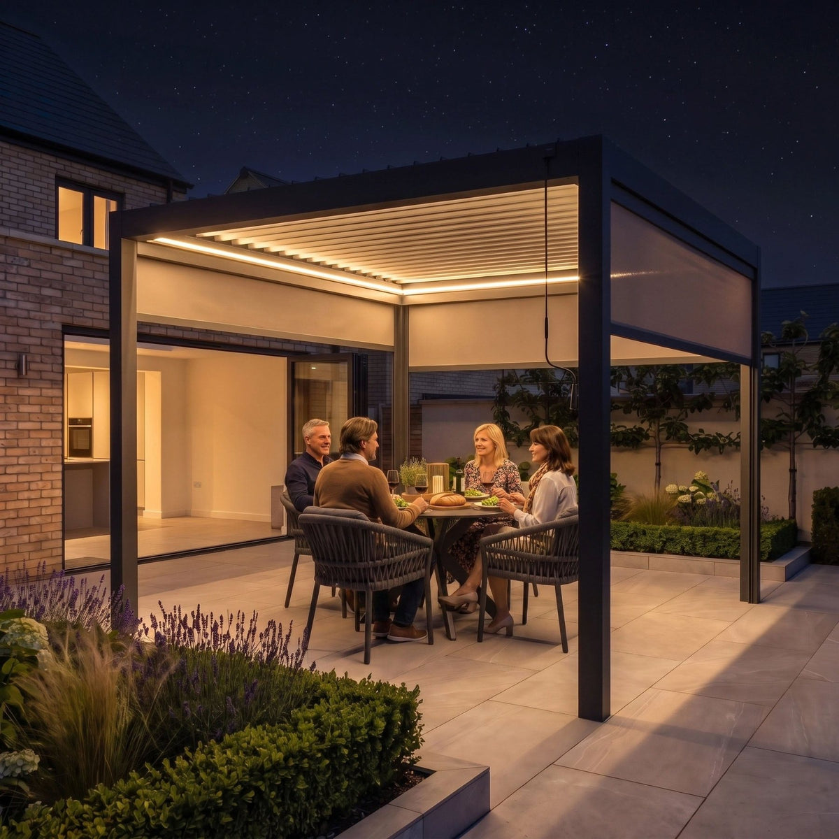 PergoSTET Pro 3m x 3m Square Pergola with 3 Manual Side Blinds and LED Lighting in Grey