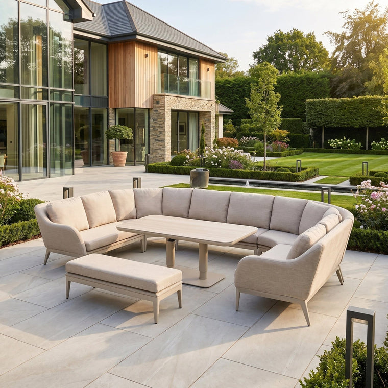 Luna U-Shape Outdoor Fabric Corner Dining Set with Altura Rising Table in Fawn
