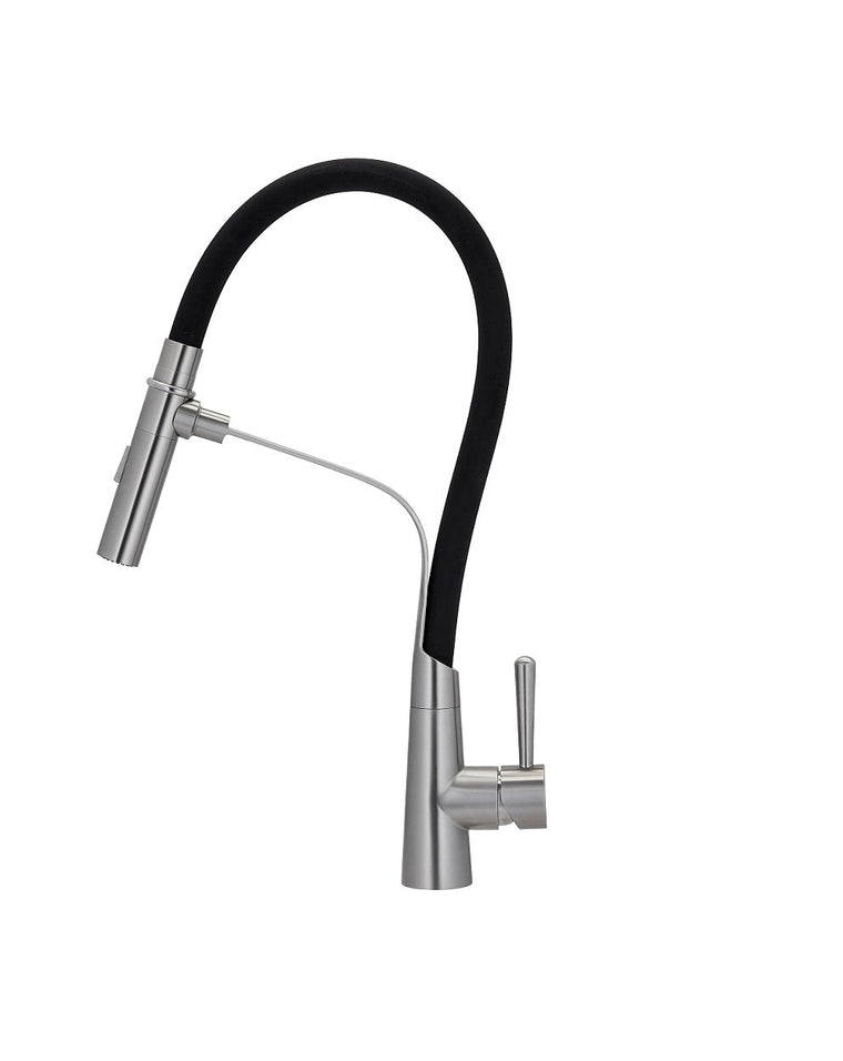 E2 Stainless Solid Stainless Steel Hot &amp; Cold Water Gooseneck Faucet w/ Single Lever Water Control, Retractable Spray Head and Selectable Spray Patterns -CW-118 -Belvedere