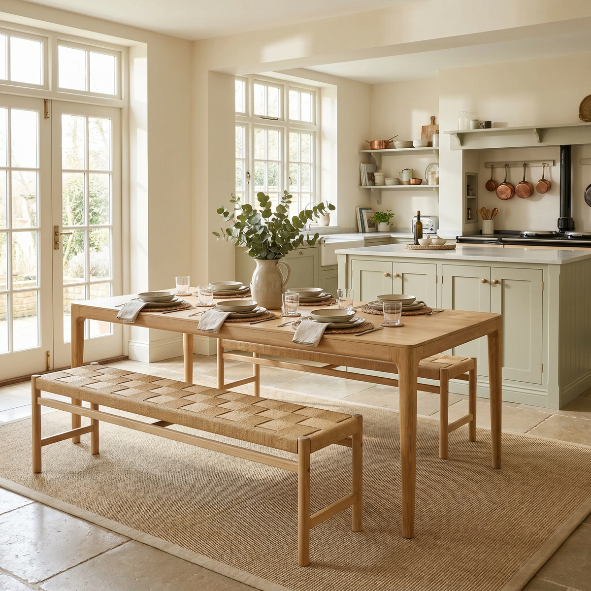 Marlow 8 Seat Dining Set with Woven Benches in Light Oak