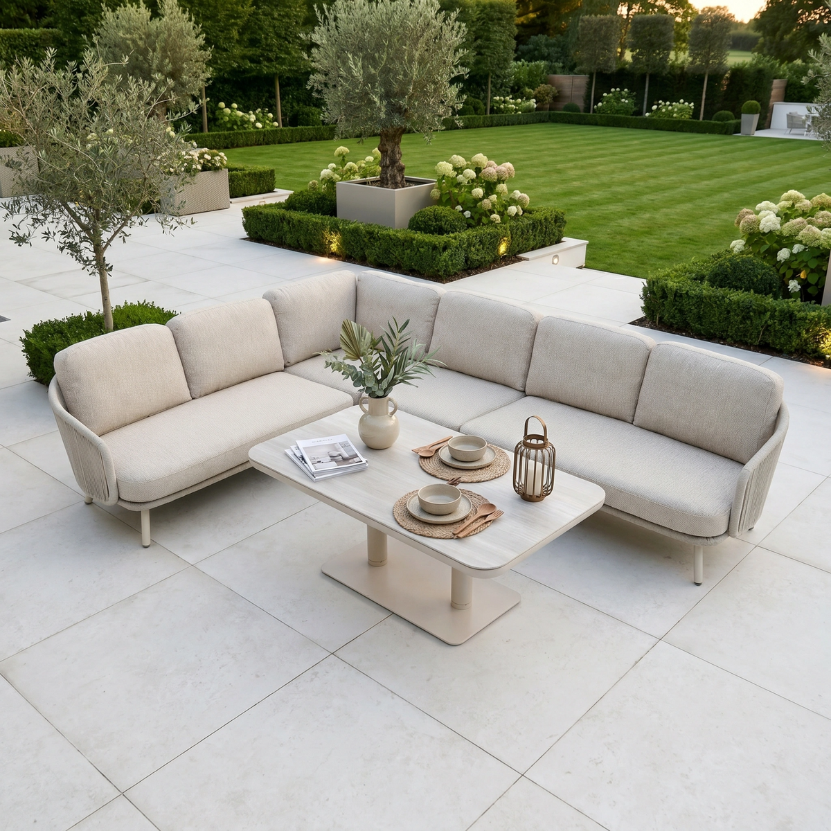 Dekota Large Corner Sofa Dining Set with Altura Rising Table in Fawn